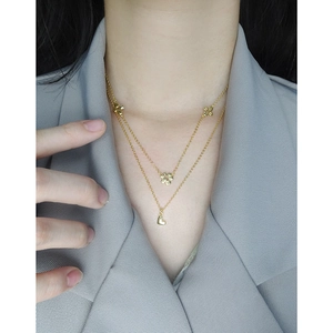 Double-layered S925 silver gold-plated necklace with flower and heart pendants