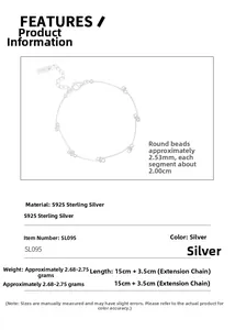 Detailed specs of S925 sterling silver beaded bracelet with 2.53mm beads and extender