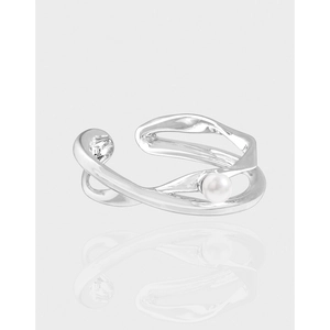 S925 Sterling Silver Double Layer Wave Artificial Pearl Ring Adjustable Bicolor Minimalist Geometric Finger Jewelry For Women