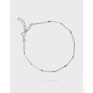 925 Sterling Silver Rainbow Colored Artificial Pearl Beads Bamboo Link Bracelet For Women Minimalist Platinum Plated Hand Jewelry Gift
