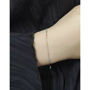 Minimalist S925 sterling silver rainbow bead bamboo chain bracelet for women on wrist