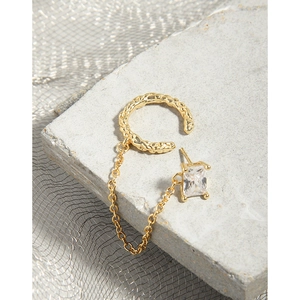 Minimalist S925 silver ear cuff and stud earring set with gold lava texture and zircon