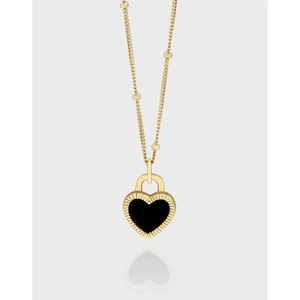 Collier Pendentif Cœur Double Face en Argent Sterling S925 Chaîne à Billes Plaqué Or 18K Agate Noire Nacre Bijoux Femme