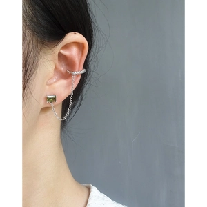S925 silver stud earring and ear cuff chain set with green rectangular gemstone