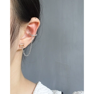 S925 sterling silver chain stud earring with amber gemstone and textured ear cuff