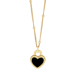 Collier en argent S925 doré avec pendentif cœur en agate noire et texture radiale élégante
