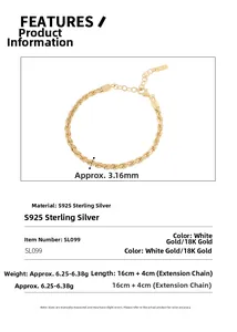 Detailed view of S925 sterling silver twist chain bracelet with exact measurements