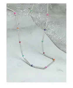 Detailed shot of S925 silver beaded necklace with colorful beads and bamboo joints
