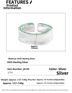 Détails de bague en argent S925 avec émail vert et spécifications de largeur 7,58mm