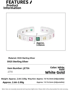 Detailed size specifications of the adjustable S925 sterling silver rainbow zircon ring