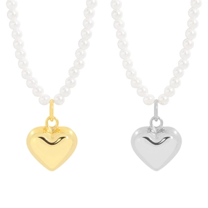 Élégant collier de perles en argent sterling S925 avec pendentif cœur poli en or et argent
