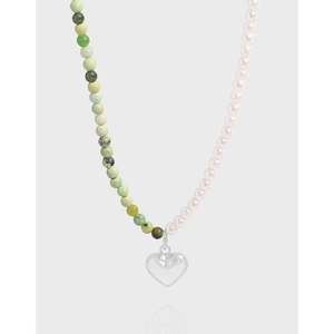 S925 Sterling Silver Artificial Pearl Necklace Women Spliced Green Natural Stone Beaded Heart Pendant Choker Necklace Niche Jewelry