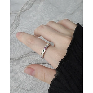 Minimalist S925 sterling silver ring with colorful square-cut rainbow zircon stones