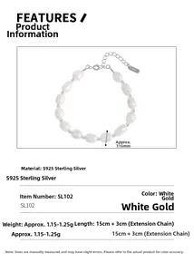 Detailed specs of S925 silver bracelet with 7.15mm baroque pearls and adjustable chain