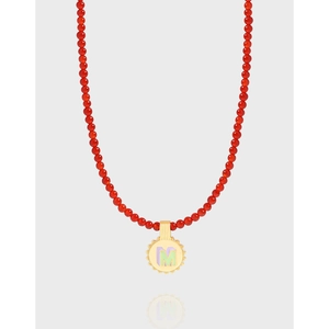 925 Sterling Silver Red Agate Bead Necklace For Women Letter M Pendant Enamel Electroplated 18K Gold Plated Jewelry