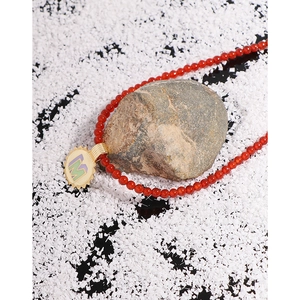 Minimalist S925 silver necklace with red agate beads and a colorful enamel letter M pendant