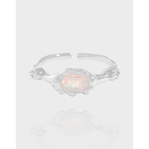 Opal Open Ring 925 Sterling Silver Adjustable Hammered Texture Oval Gemstone Band Korean INS Style Jewelry
