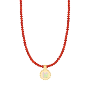 Minimalist S925 silver necklace with red agate beads and a golden enamel M pendant