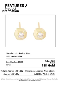 Macro detail of S925 sterling silver hexagonal zircon studs with 18K gold plating