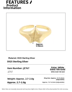Detailed specs of S925 sterling silver star ring with 18K gold plating and measurements