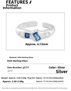 Macro view of S925 sterling silver ring with blue rectangular stone and zircon details