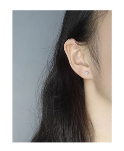 Gros plan d'une puce d'oreille en argent S925 avec opale irisée sur le lobe de l'oreille