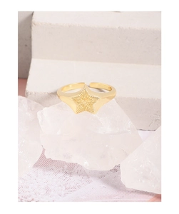 Detailed view of gold star signet ring with radial texture on a white stone base