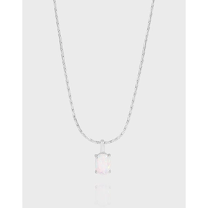 Collier Pendentif Opale Ovale Minimaliste en Argent Sterling S925 Chaîne de Clavicule Nœud de Bambou Plaquée Or Blanc Bijoux Femme