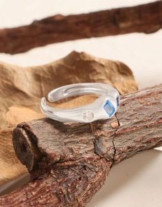 Macro shot of silver ring with blue rhinestones and matte finish on a natural wood branch