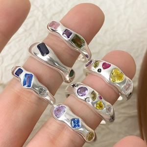 S925 sterling silver geometric rings set with vibrant multi-colored zircon gemstones