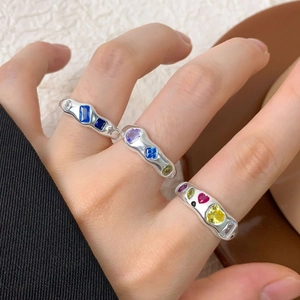 Three-piece S925 silver ring set with colorful zircon stones in irregular wave design