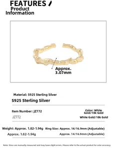 Detailed specs for S925 sterling silver vine ring with 3.07mm width and gold finish