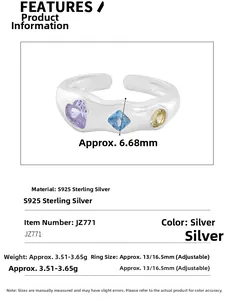 S925 sterling silver ring detail with zircon gemstones and product measurement specifications