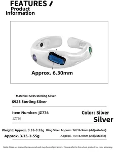 Detailed specs of S925 silver wave ring with blue gemstone and micro-pave zircons