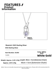 Detailed specs of S925 sterling silver necklace with purple heart zircon and pin design