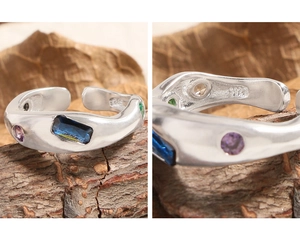 Detailed macro view of S925 sterling silver ring with colorful zircon inlay and hallmark