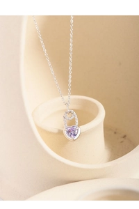 Detailed view of S925 silver heart necklace with purple zircon and twisted knot design