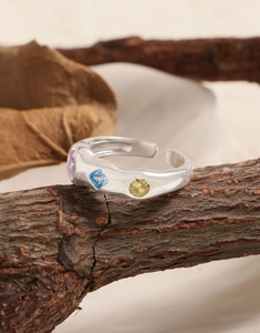 Macro detail of S925 silver ring with colorful zircons on a rustic wooden branch