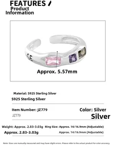 Detailed view of wavy S925 sterling silver ring with square zircon gemstones and SE stamp