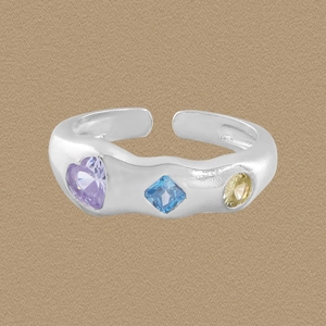925 Sterling Silver Adjustable Open Ring For Women Geometric Wavy Design Purple Heart Blue Square Yellow Round Zirconia Inlaid Jewelry