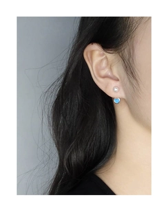 Détail de clous d'oreilles en émail bleu clair et perle blanche sertis sur l'oreille
