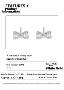 Detail specifications of S925 silver bow stud earrings with white gold finish and zircons