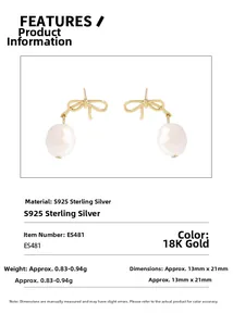 Detailed spec view of S925 silver 18K gold plated bow knot earrings with round pearls
