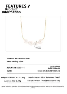 Close-up of S925 silver necklace featuring 7.13mm Baroque pearls and chain dimensions