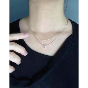 Minimalist double-layer S925 sterling silver snake chain necklace with oval pendant