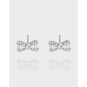 925 Sterling Silver Bowknot Stud Earrings For Women Zirconia Micro Inlaid White Gold Plated Minimalist Korean Jewelry Gift