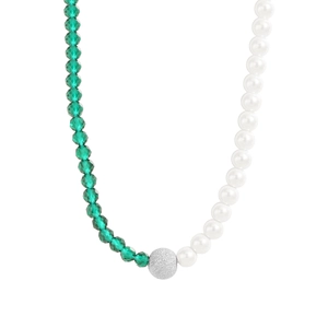 Elegant asymmetric S925 silver necklace with green crystal beads and round white pearls
