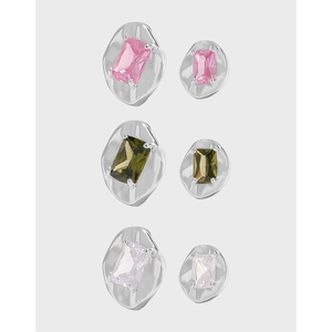 925 Sterling Silver Zirconia Stud Earrings For Women Irregular Liquid Metal Texture Geometric Rectangular Stone Asymmetric Jewelry
