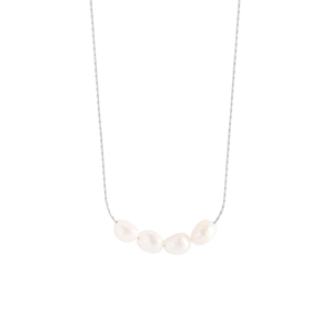 Minimalist S925 silver chain necklace featuring four natural baroque pearls on white background
