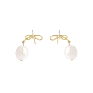 Minimalist gold bow stud earrings with natural baroque pearls for women on white background